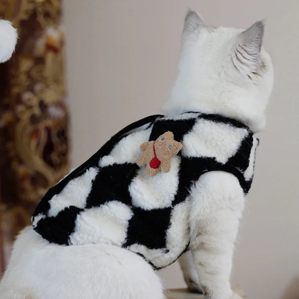 Fashionable Plaid Fleece Cat Clothes Cat Coat Jack Cute Bear Vest for Kitten Small Dogs Clothing Pet Outfits Winter Cat Costume