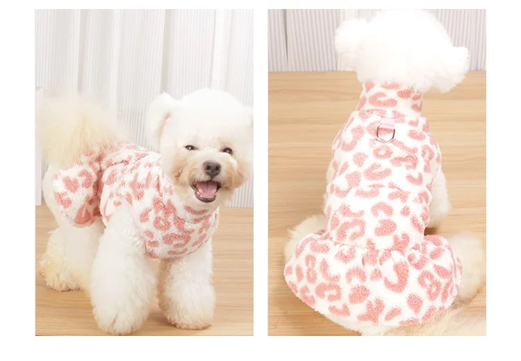 Leopard Dog Sweater Dress Fleece Puppy Dresses for Small Dogs Girl Cat Skirt Apparel Winter Warm Dog Clothes