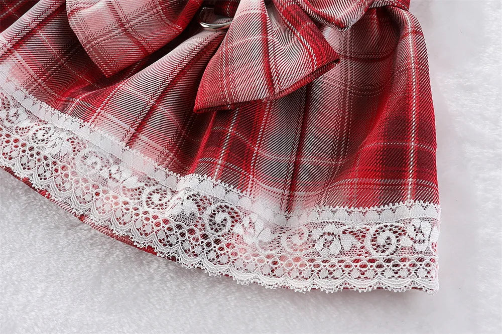 Plaid Dog Dress Bowtie Harness Dress for Small Dogs Cats Girl Cute Lace Trim Princess Dresses Spring Summer Puppy Rabbit Clothes