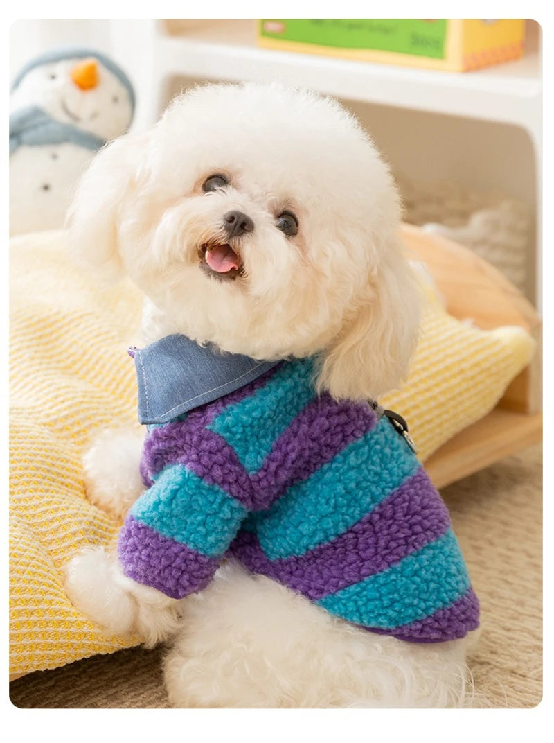 Velvet Warm Pet Cat Sweatshirts Chihuahua Half Sleeve Denim Collar Designer Striped Puppy Winter Clothes Soft Overalls for Yorks