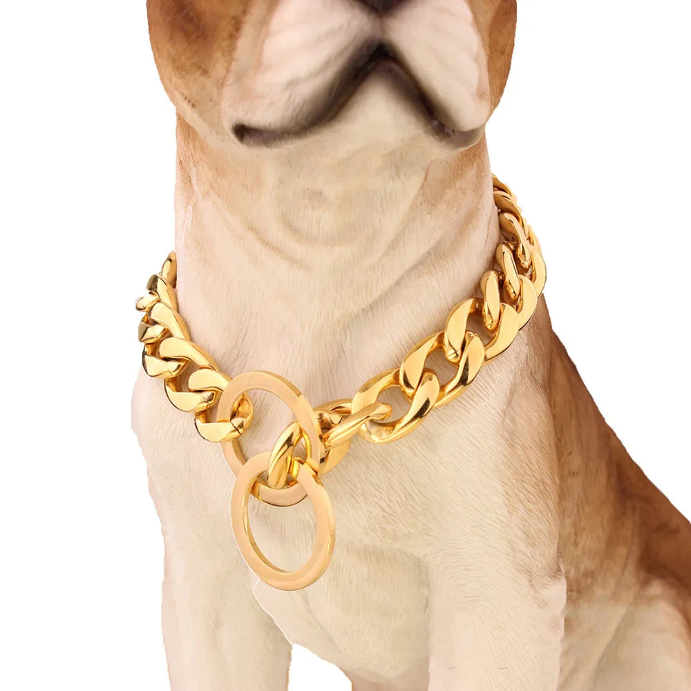 Dog Chain Collar Silvery Golden 15MM Width Cuban Link Chain for Dogs Strong Smooth Stainless Steel Metal Pet Training Slip Chain