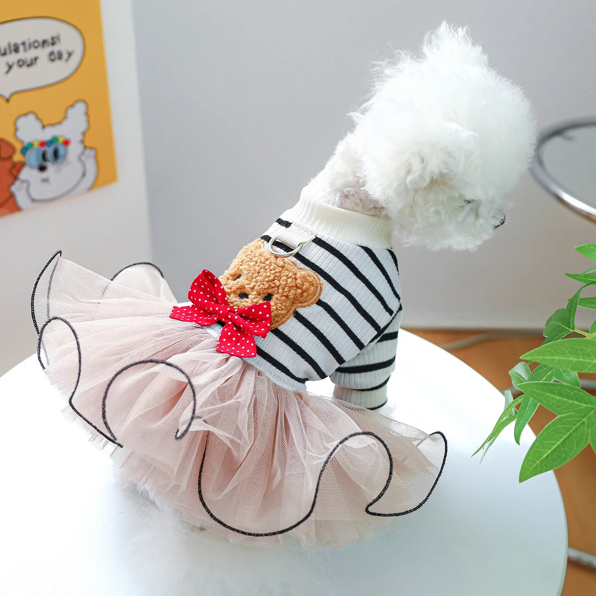 Cute Bear Stripe Dog Dress for Small Dogs, Luxury Tiered Layer Tulle Tutu Dress Princess Skirt Spring Autumn Puppy Pet Clothes