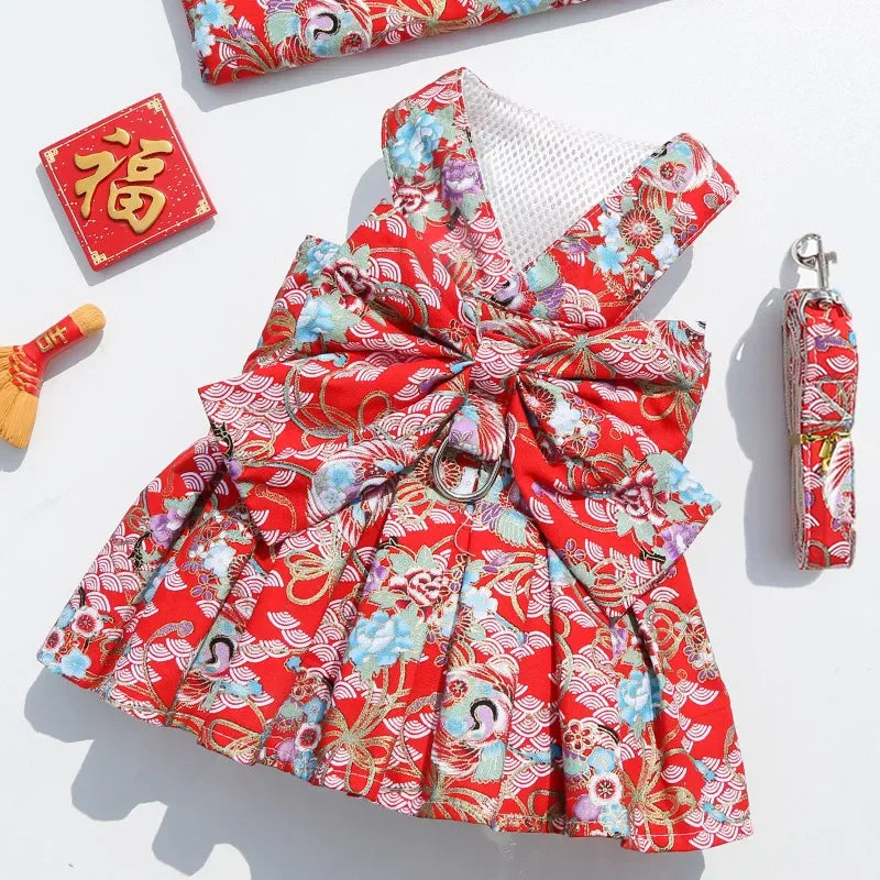 2023 New Pet Dog Harness and Leash Vest Breathable Checked Bowknot Cat Dress Teddy Bichon Dog Clothes Spring and Summer Outdoor