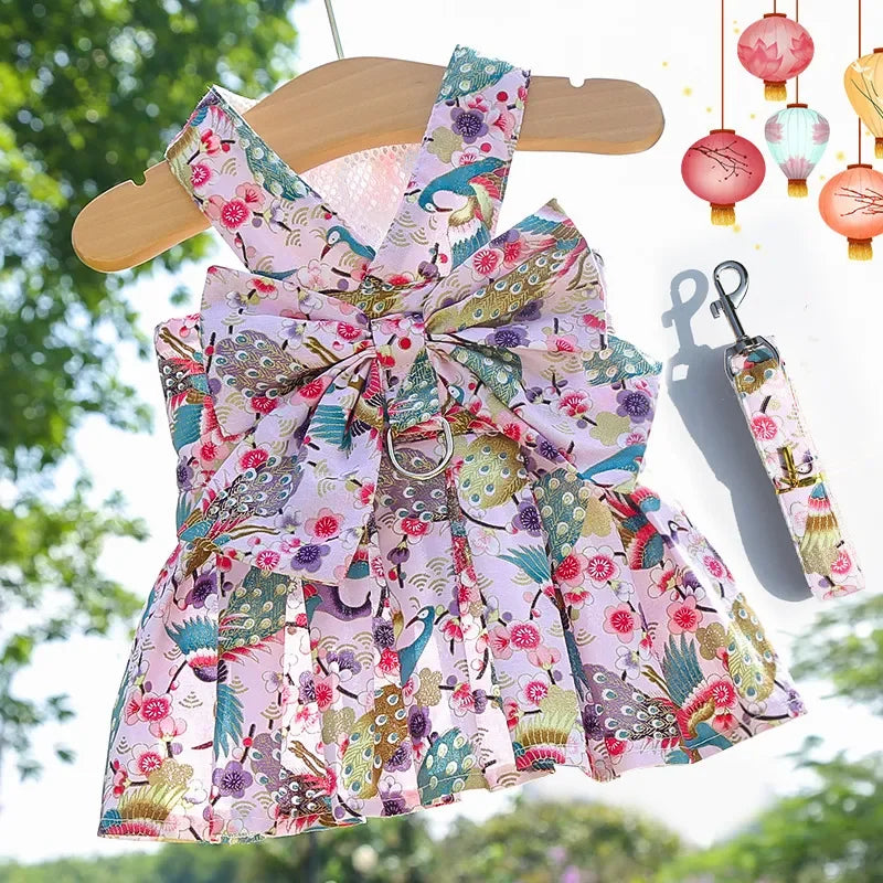 2023 New Pet Dog Harness and Leash Vest Breathable Checked Bowknot Cat Dress Teddy Bichon Dog Clothes Spring and Summer Outdoor