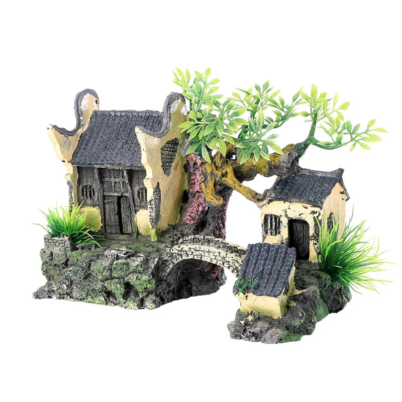 Resin Aquarium Decoration Simulated Attic Pavilion Artificial House View Rock CaveTree Fish Tank Ornament Pet Supplies Home Deco