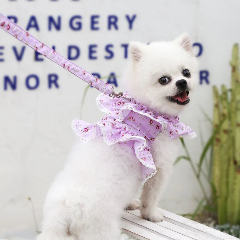 Pink Flower Puppy Harness Mesh Breathable Small Girl Dog Cat Vest Harness Cute Doggy Lace Dress Harness with Leash for Walking