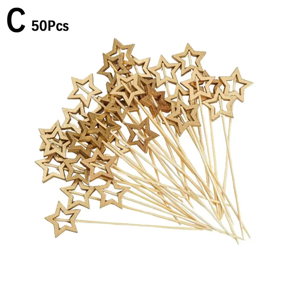 50Pcs Hollow Star Bamboo Skewers Disposable Insert Cocktail Fruit Toothpick Stick Christmas Picks Party Buffet Decor X1J5