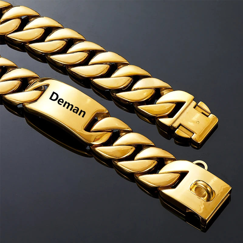 Big Dog Chain Collar Free engraving Personalized 32mm wide Stainless Steel Metal Cuban link Chew Proof Pet Collars For large dog