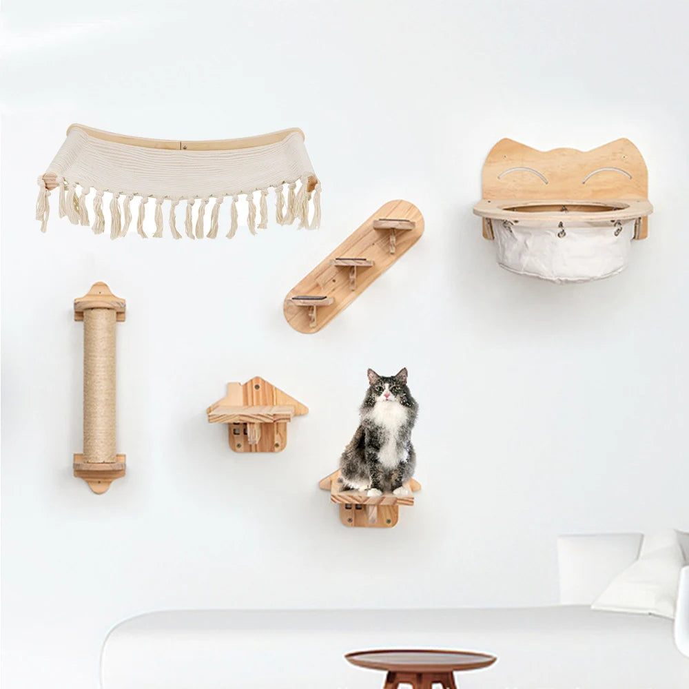 Cat Tree Wall Mounted Climbing Shelves Wooden Hammock with Ladder and Cats Perch Sleeping Pet Indoor Playground Pet Furniture