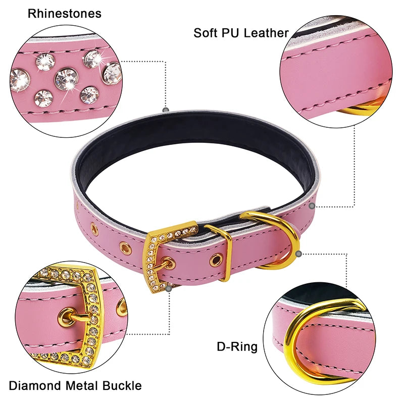 Rhinestone Pet Collars, Comfortable PU Leather Dog Collar, Zinc Alloy Buckle, Glitter, Small Dogs and Cats Product