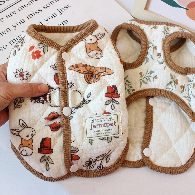 Sleeveless Thick Coat for Dogs Cartoon Animal Print Puppy Clothing Pure Cotton Cat Winter Clothes Outdoor Walking Leash Overalls
