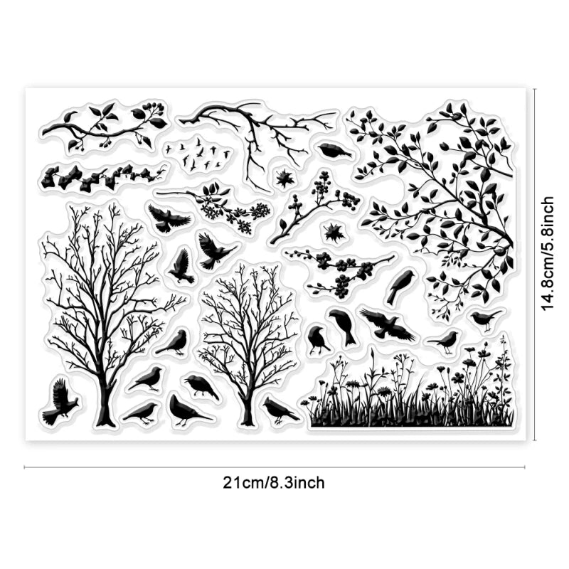 1pcs Bird Branch Silhouette Clear Stamps Birds Trees Clear Rubber Stamps Silicone for DIY Scrapbooking Photo Album 6.3x4.33inch