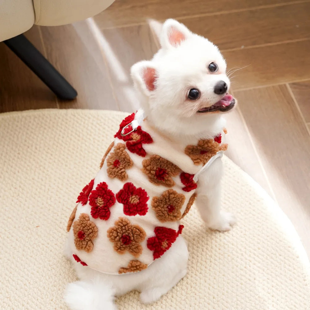 Dog Winter Coat Sherpa Warm Fleece Vest Sweater Flower Patterm Pet Clothes Cold Weather Jacket for Small Medium Dogs Puppy