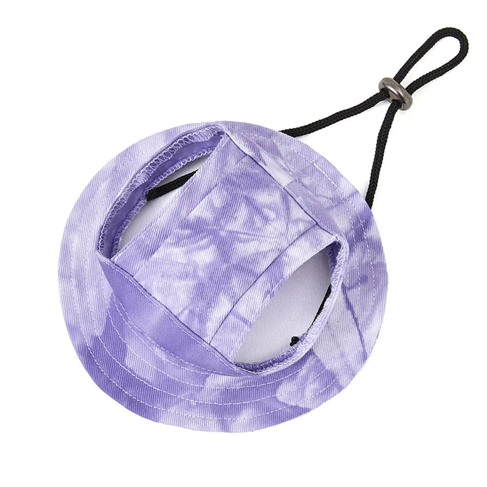 Adjustable Dog Hat Fashion Tie-dyed Pet Bucket Hats with Ear Holes Round Brim Dog Cap Outdoor Sun Bonnet Cat Cap Pet Accessories