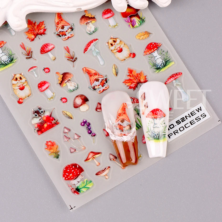2pcs/set Autumn Maple Leaf Nail Art Sticker Bird Cotton Squirrel Mushroom Pumpkin Design Nail Decal Sliders Manicure Decoration