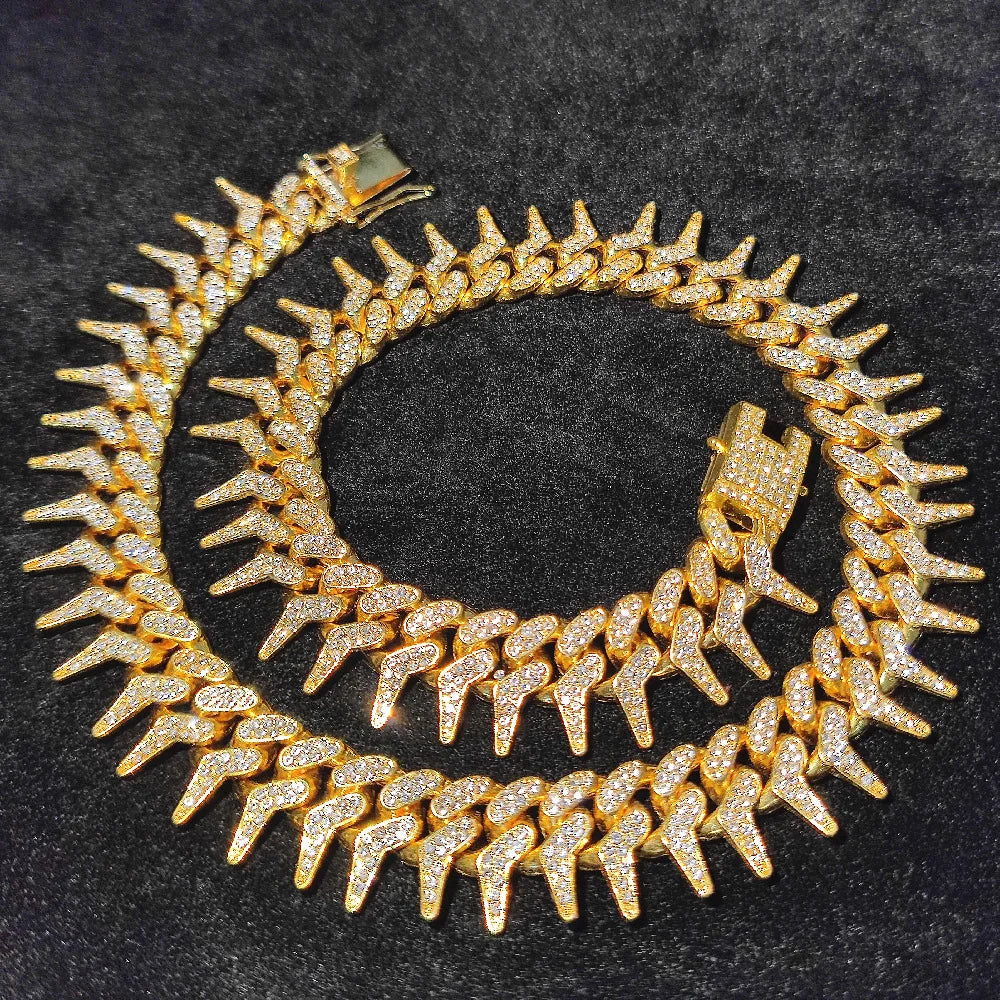 13mm Bling Diamond Chain Dog Cat Collar with Spiked Rivet Design, Luxury Gold Cuban Link Dog Collar for Small Medium Large Dogs