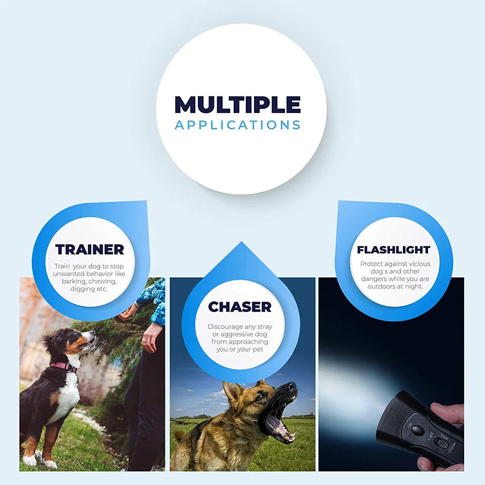 3 in 1 Dog Anti Barking Device Ultrasonic Dog Repeller Stop Bark Deterrents Pet Control Training Supplies with LED Flashlight