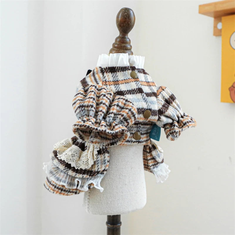 High Collar Small Dog Clothes Plaid Woolen New Year Autumn Winter Brown Overalls for Cats Maillard Fashion Girl Chihuahua Dress