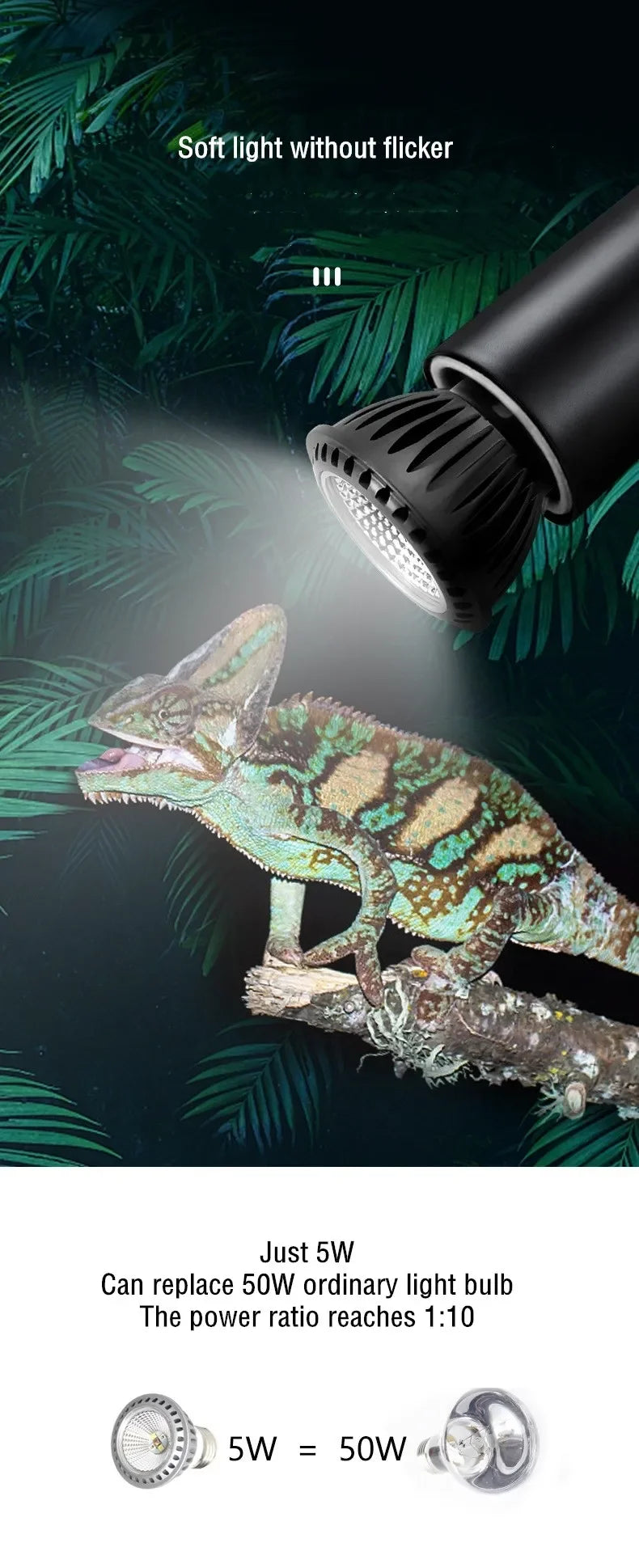 5.0/10.0 Full Spectrum UVA UVB LED Reptile Turtle Basking Light Sun Lamp Sunbathe Heat Lamp for Lizard Reptiles Amphibians
