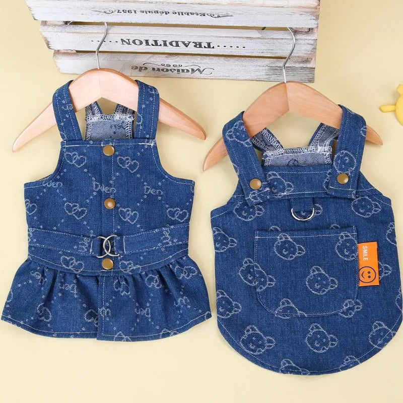 Dog Denim Dress for Small Dogs, Dark Wash Jeans Vest Tutu Skirts with Leash D-ring,Summer Clothes Yorkie Chihuahua Pet Apparel
