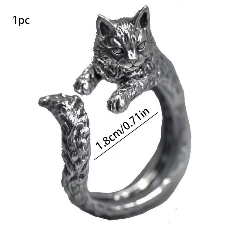 1pc Vintage Dark Alloy Cartoon Little Cat Open Ring For Women Personality Fashion Simple Ring Handicraft Gift For Girl
