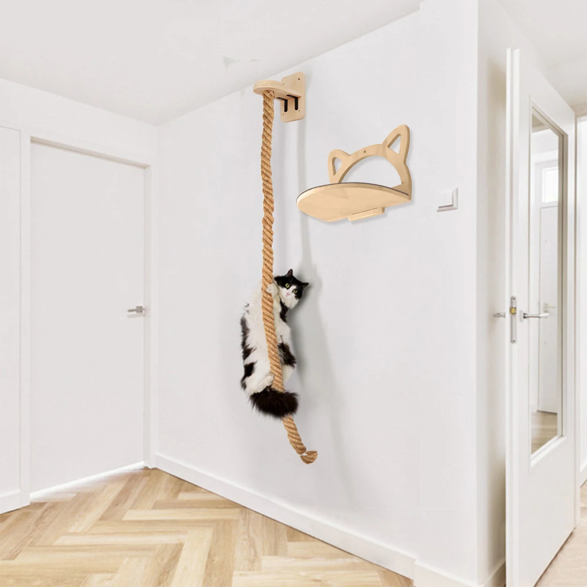 Cat Climbing Shelf Furniture Wall Mounted Cat Hammock and Wooden Stairway with Scratching Post for Cats Indoor Playing and Rest