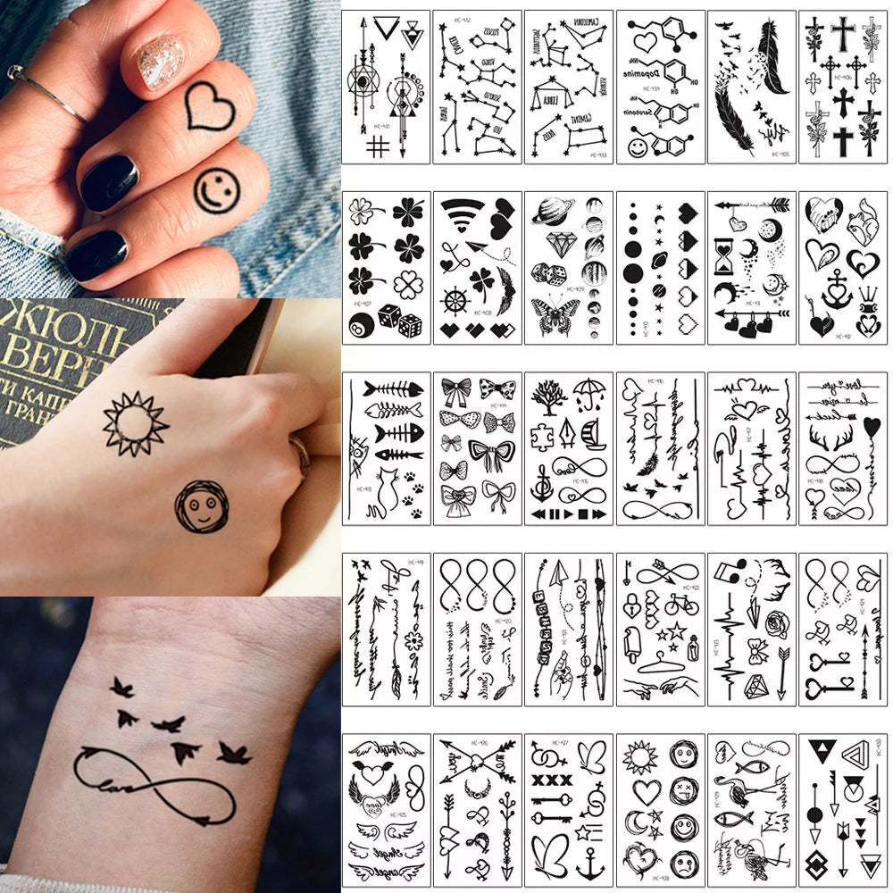 30pcs Waterproof Temporary Tattoo Sticker Black Small Pattern Feather Heart Bird Expression Body Art Arm Fake Tattoos Women Men
