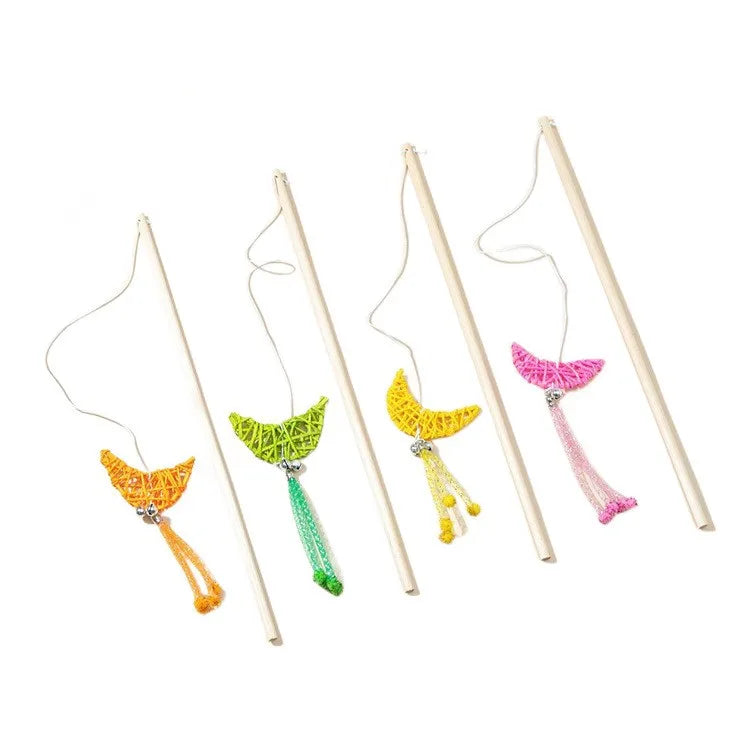 Cat Toy Cat Teaser Sticks Wooden Cat Stick Moon Rattan Molar Bite-resistant Cat Stick Cat Toy