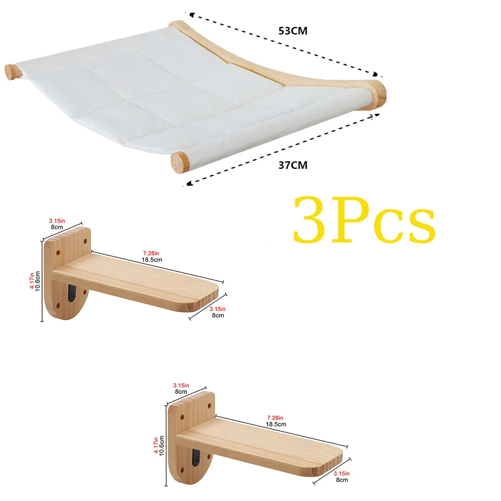 Cat Wall Mounted Shelf Furniture Wooden Cat Bed and Scratcher Post with Climbing Ladder Widen Steps for Kitten Play and Rest