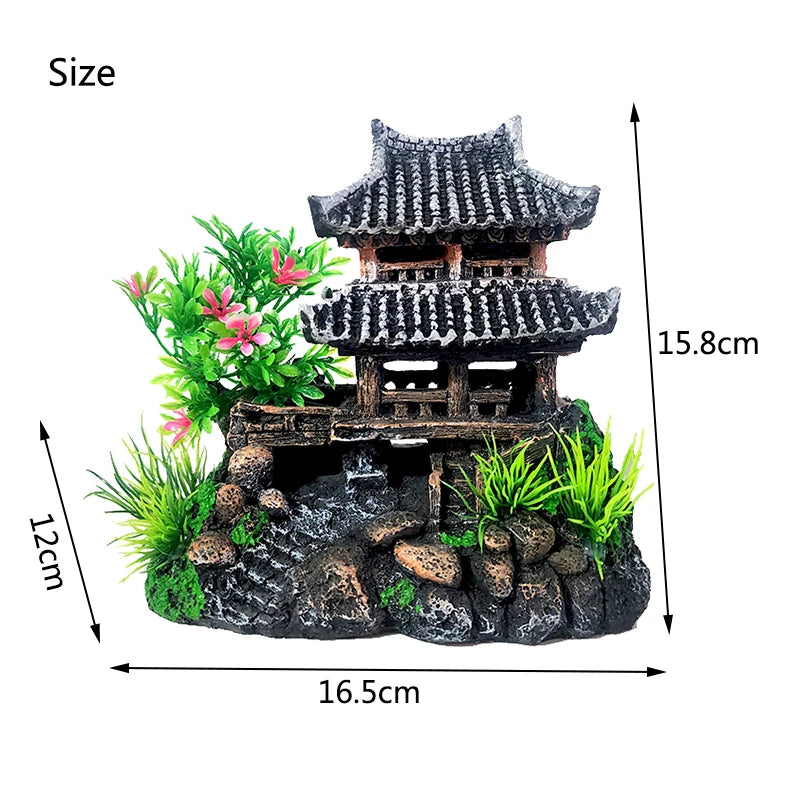Resin Aquarium Decoration Simulated Attic Pavilion Artificial House View Rock CaveTree Fish Tank Ornament Pet Supplies Home Deco