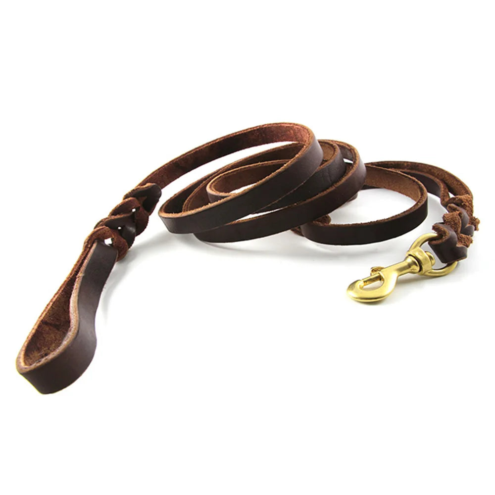 Braided Leather Dog Leash with Traffic Handle Two Handles Leather Dog Leash Leads for Training Bulldog Pit-bull Pet Dog Supplies