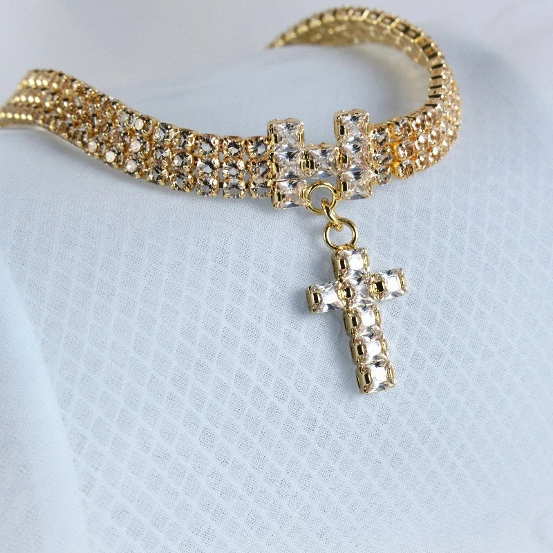 AAA Zircon Cross Cat Accessories Pet Necklace Adjustable Rose Gold Collar for Small Medium Puppy All Season Birthday Neck Gear