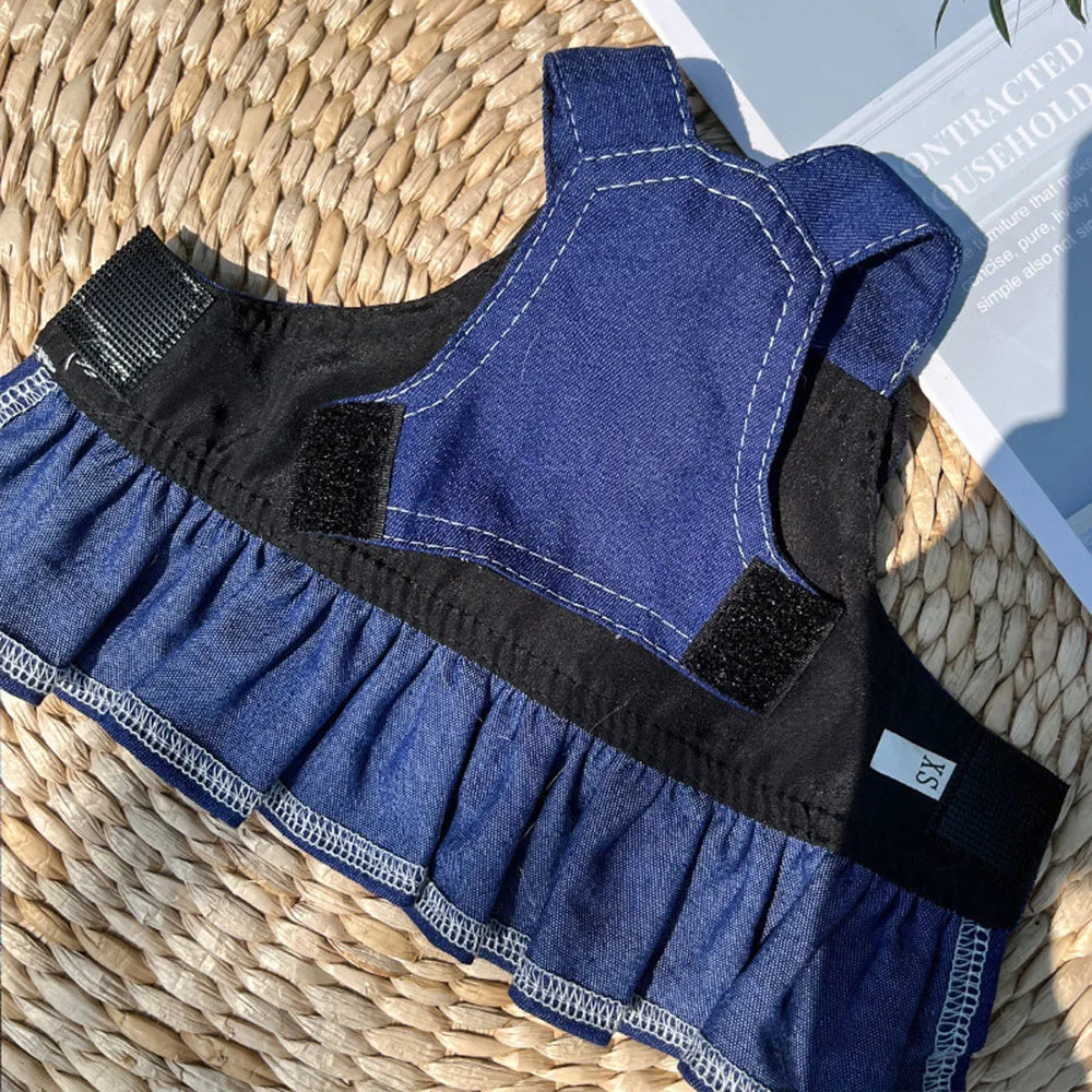 Pet Denim Clothes For Cat Dog Spring Summer Cat Dress Harness Kitten Jeans Shirt Cat Bowtie Skirt Dress Vest Harness with D-Ring