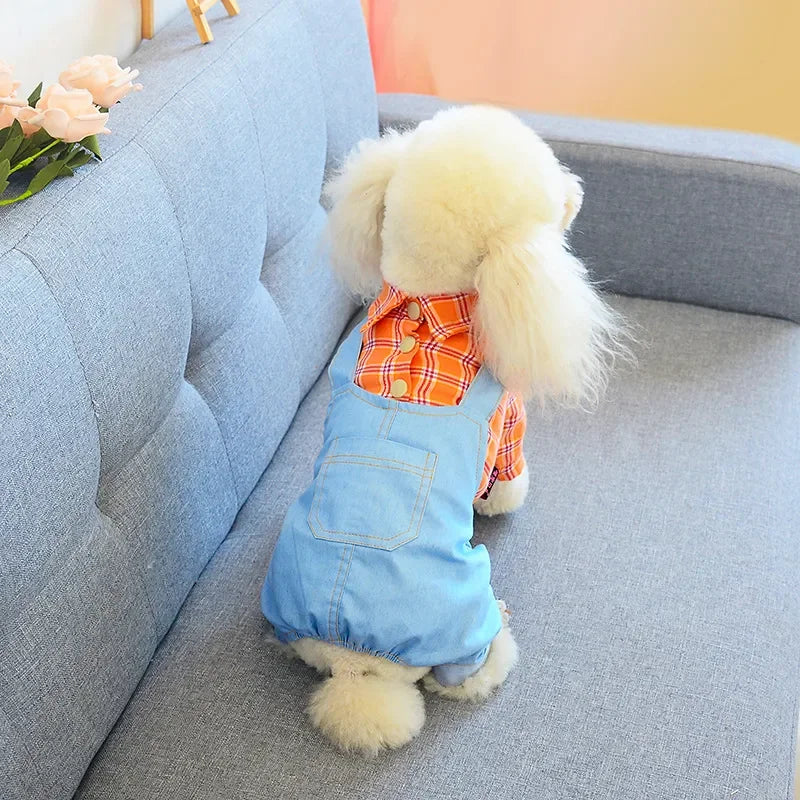 Dogs Clothes Jumpsuits Spring Autumn Denim Sling Plaid Pet T-Shirt Plaid Cat Dress Pet Puppy Skirt Teddy Puppy Clothes Small Dog