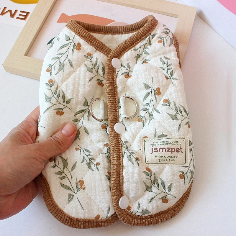 Sleeveless Thick Coat for Dogs Cartoon Animal Print Puppy Clothing Pure Cotton Cat Winter Clothes Outdoor Walking Leash Overalls