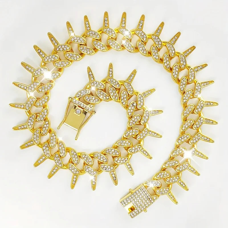 Gold Dog Chain Collar Walking Chain Diamond Necklace, 20MM Cuban Link Chains Jewelry with Thorn Design,for Small Midium Dogs Cat