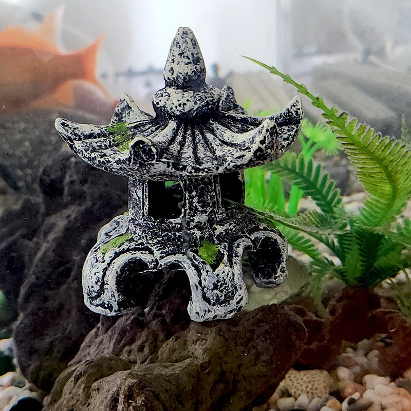 Resin Artificial Fish Tank Ancient Pavilion Decoration Aquarium Rock Cave Building Decoration Aquatic Landscaping Ornament Decor