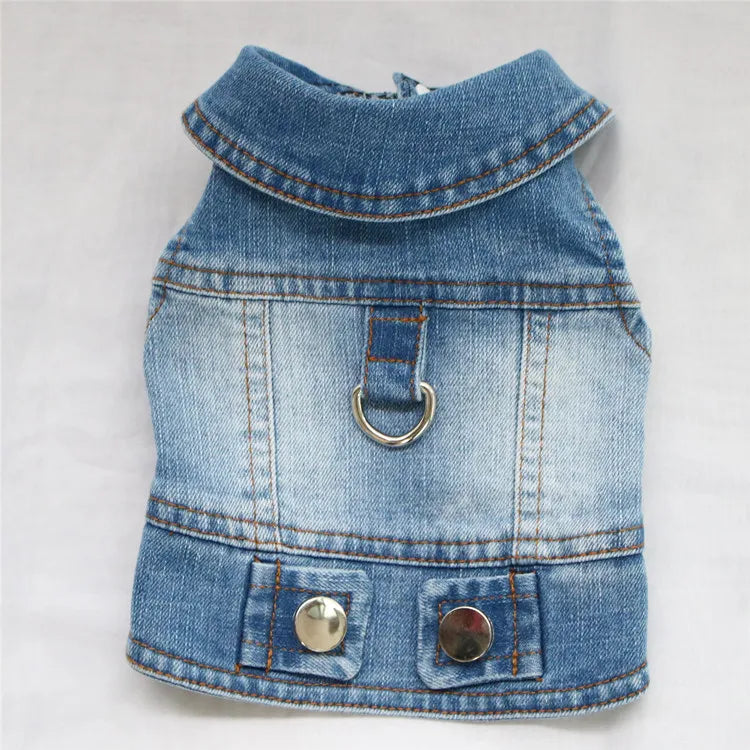Dark Washed Dog Denim Jacket for Small Medium Dogs, Puppy Sleeveless Jeans Coat with D Ring Chihuahua Yorkie Clothes Pet Apparel