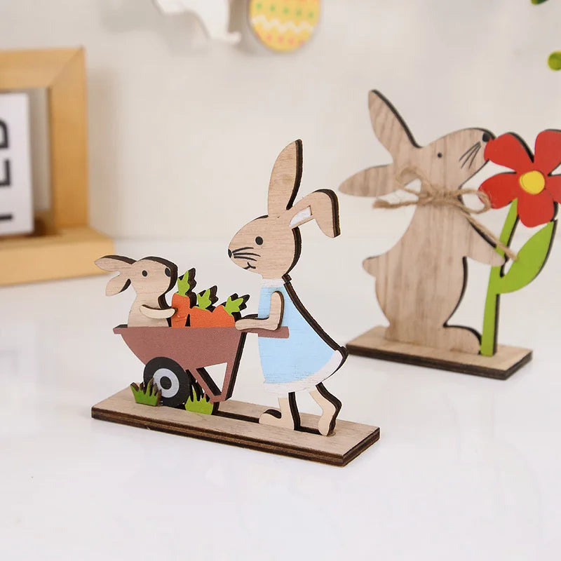 2025 Easter Wooden Rabbit Ornaments Standing Bunny with Flower for Spring Easter Party Home Table Decoration DIY Crafts Supplies