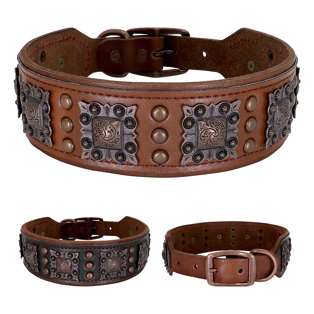 Cool Spiked Dog Collar For Medium Large Dogs Genuine Leather Pitbull Bulldog Adjustable Pet Accessories Collars Necklace