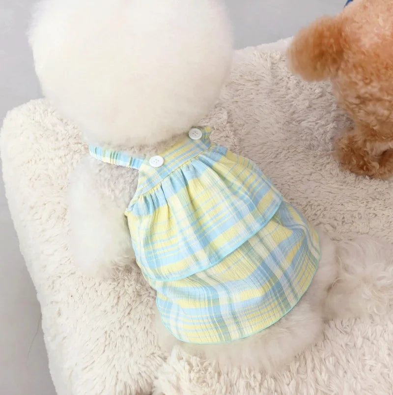 Layered Fancy Dress for Dogs Summer Vest One Piece Puppy Spring Clothes Chihuahua Light Purple Plaid Long Pet Skirt Cat Clothing