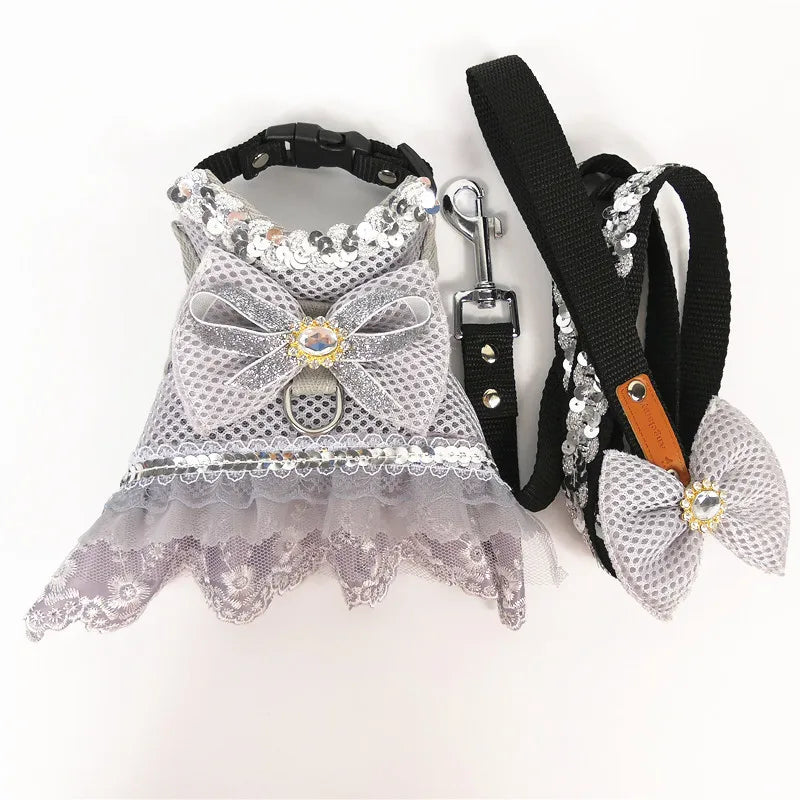 Dog Bow Dress Harness Leash Set for Small Medium Dogs Breathable Mesh Pet Tulle Skirt with Sequins Luxury Design Dog Clothes