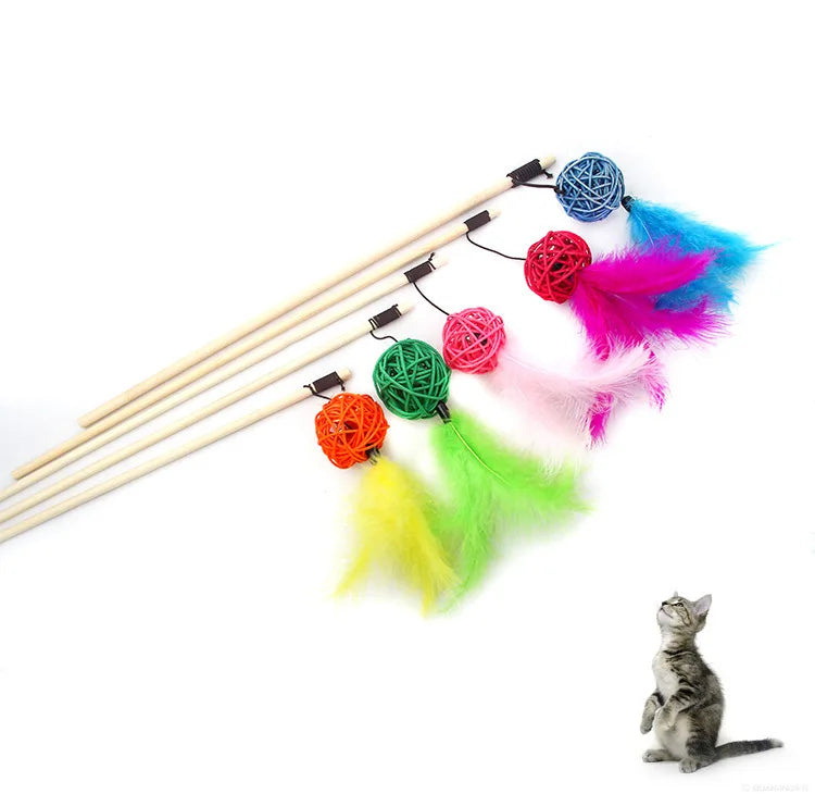 Cat Toy Cat Teaser Sticks Rattan Ball Funny Cat Stick Cat Supplies Funny Cat Ball Toy Interactive Nibbling Cat Rod Feathers