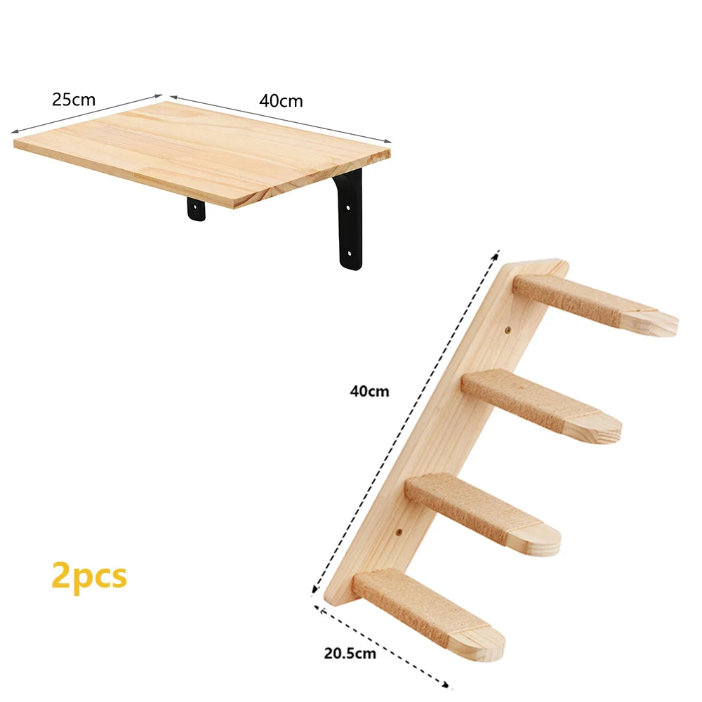 Cat Wall Mounted Solid Wooden Furniture Climbing Ladder and Cat Hammock with Scratching Post for Activity Indoor Cats Perches