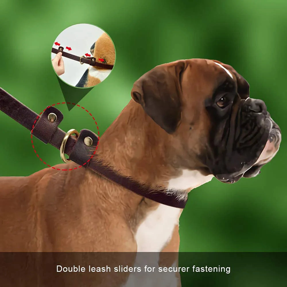 Pet Dog Flat Slip Lead British Style Durable Real Leather Dog Leash Smooth Adjustable Dog Slip Loop Lead for Walking & Showing