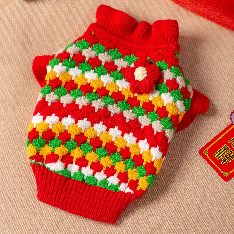 Knitted Flower Pet Dog Sweaters Orange Winter Warm New Year Clothing for French Bulldog Outfits Fancy Small Puppy Overalls