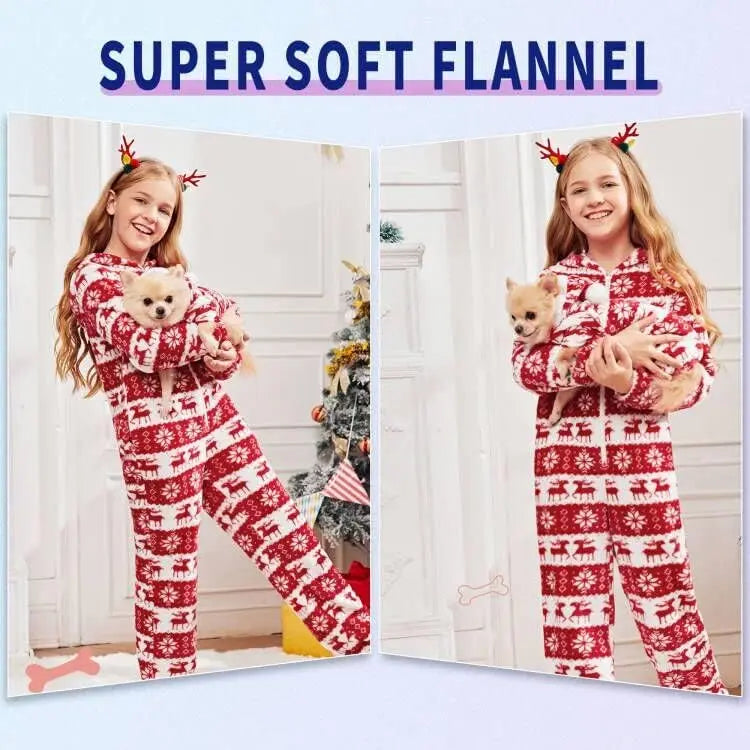 Thermal Coral Fleece Christmas Dog Pajamas Onesie for Small Medium Large Dogs, Reindeer Print Winter Dog Clothes Hooded Jumpsuit