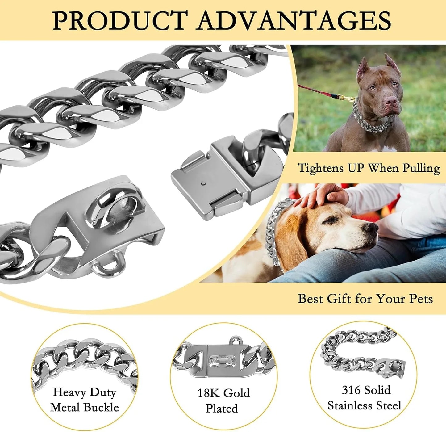 23MM Gold Chain Dog Collar Luxurious Sliver Gold Cuban Link Dog Collar with Secure Snap Buckle for Medium and Large Pit Bulls