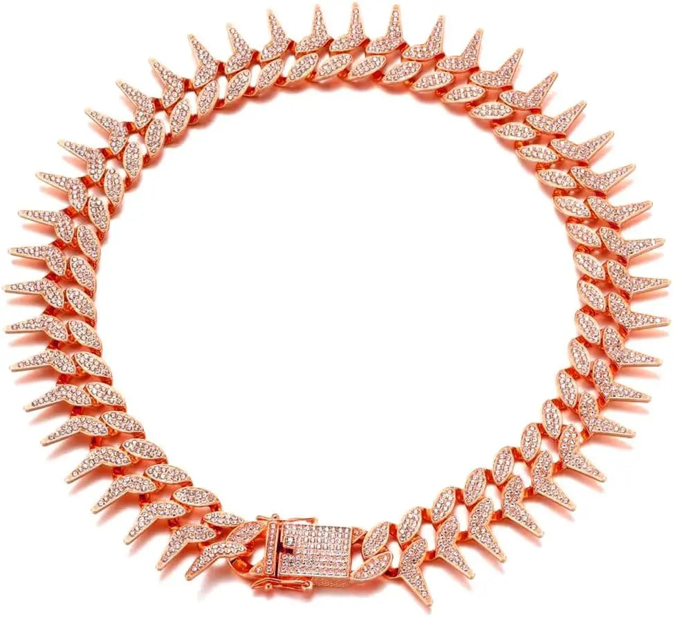 13mm Bling Diamond Chain Dog Cat Collar with Spiked Rivet Design, Luxury Gold Cuban Link Dog Collar for Small Medium Large Dogs