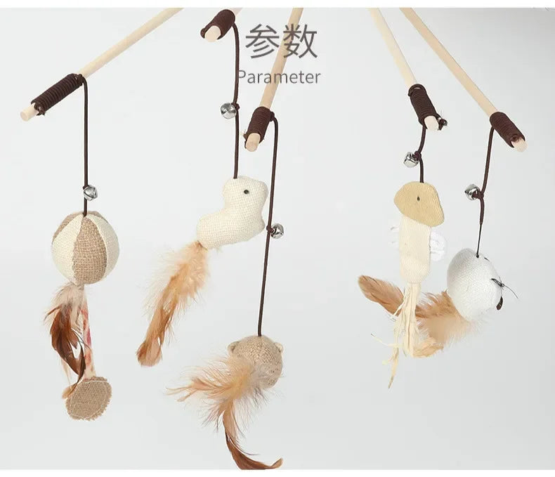 40cm Pet Cat Teaser Toys Feather Linen Wand Cat Catcher Teaser Stick Cat Interactive Toys Wood Rod Mouse Toy with Mini Bell